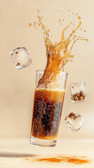 Refreshing Cold Beverage Splash with Floating Ice Cubes