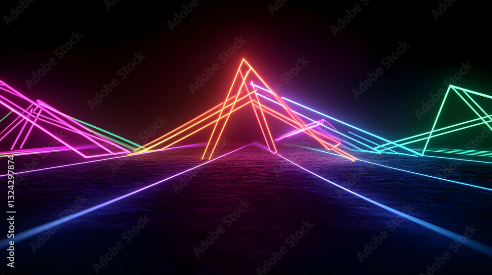Poster vivid neon lights illuminating a dark abstract background with geometric shapes and colorful lines c