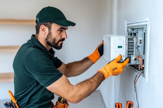 Technician installing a new electrical panel in a modern home