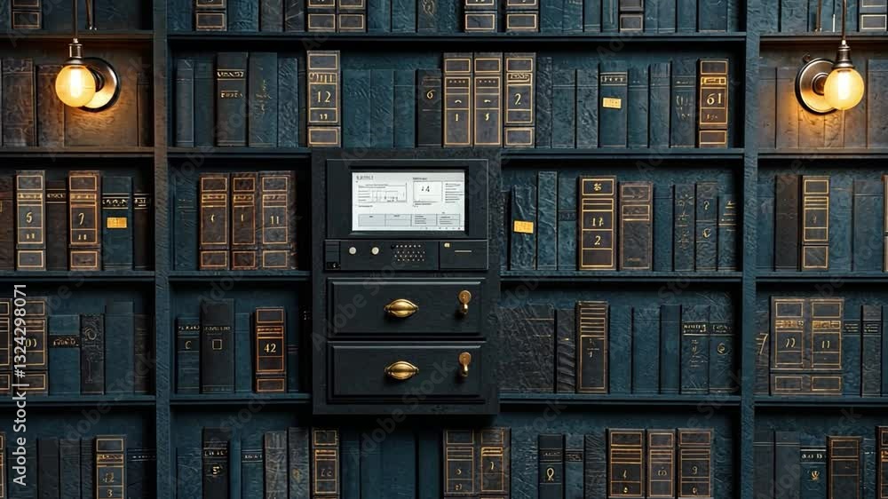 Poster vintage library bookshelves with old leather bound books and illuminated wall lights creating a cozy