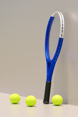 A blue tennis racket leans against a wall next to three bright yellow tennis balls. 3d rendering