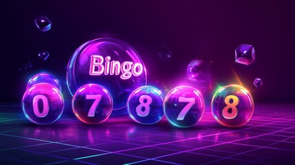 Glowing neon "Bingo" sign with colorful rainbow neon numbers, set against a dark grid background, creating a vibrant and energetic gaming atmosphere.