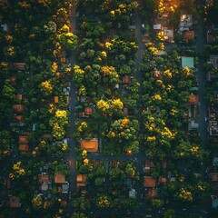 Obraz premium Aerial View of a Lush Suburban Neighborhood Surrounded by Green Trees in Golden Hour Light