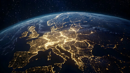 Obraz premium Illuminated Europe At Night From Space Highlighting Cities And Countries With Stars In Background
