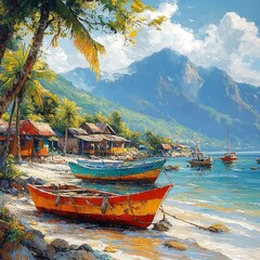 Serene Tropical Landscape with Colorful Boats and Lush Mountains Under Bright Blue Sky