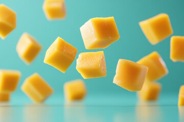 Cubes tumbling down in a chaotic cascade, frozen in mid-air, creating a dynamic and engaging visual spectacle full of movement and energy.