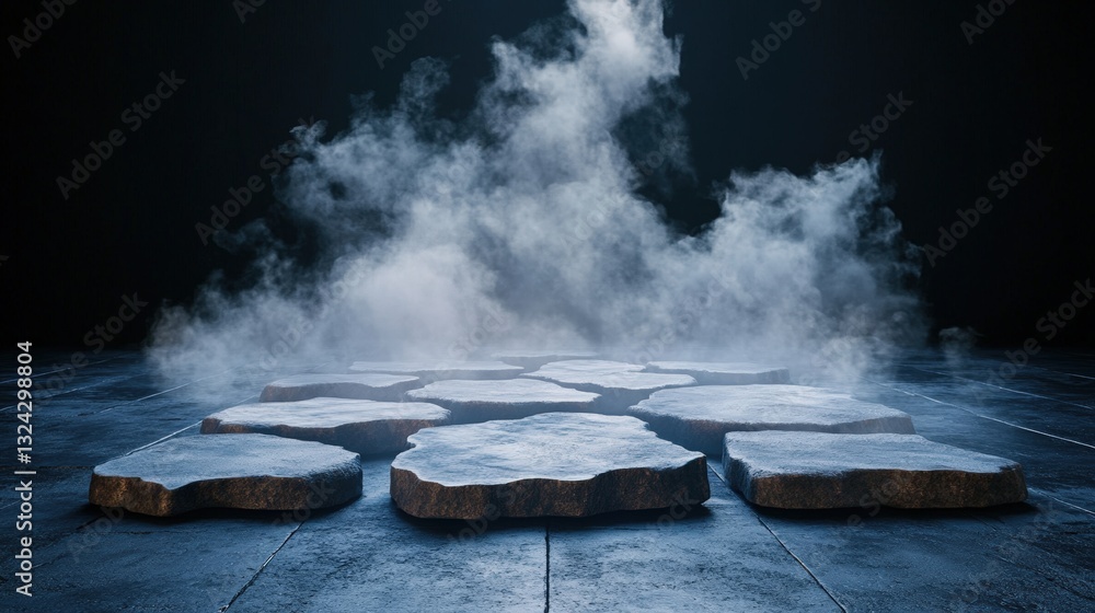Poster majestic iceberg illuminated in dark room surrounded by mist on textured concrete floor creating a s
