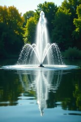 Reflection of the fountain in a calm lake surface, smooth, fountain