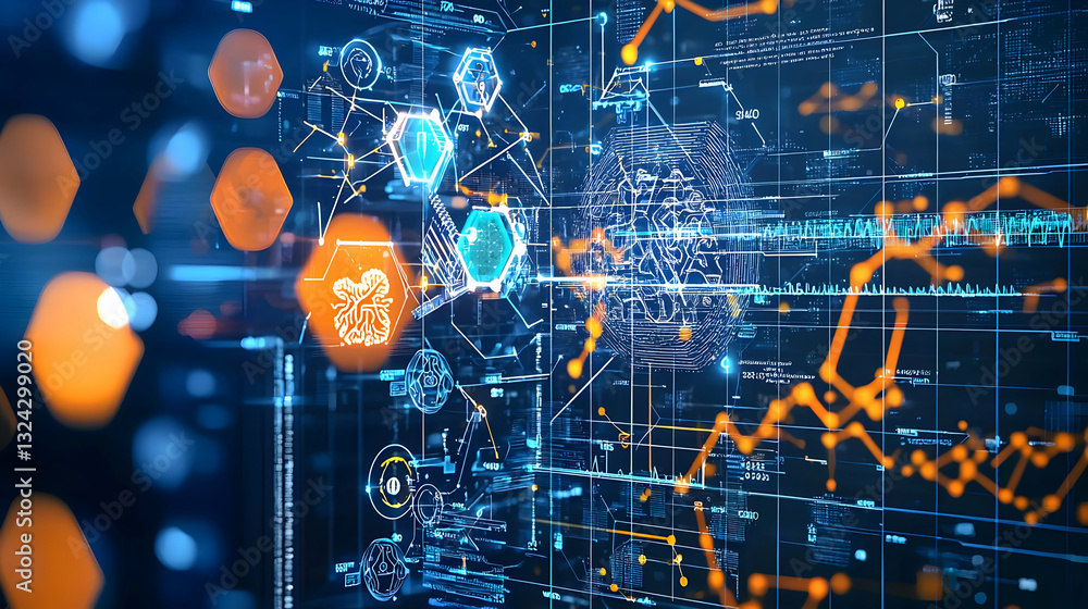 Poster abstract futuristic technology background with blue and orange lights data network and bokeh effect