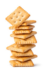 Stacked pile of crispy saltine crackers, isolated on white background