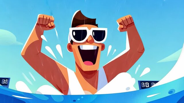 Excited Young Man Celebrating Victory at a Summer Pool Party with Bright Blues and Vibrant Graphics in a Fun Cartoon Style