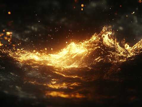 Glowing golden waves moving on a dark and textured background