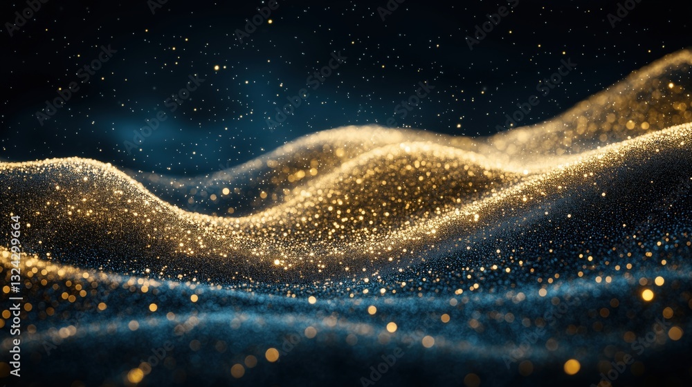 Poster sparkling golden dust creates mesmerizing waves in a dark background with shimmering particles danci