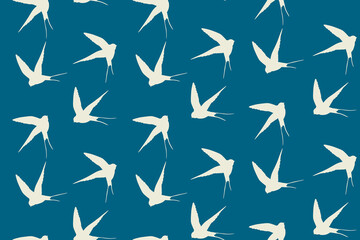 Seamless pattern with swallow silhouette on color background. Cute bird in flight. Vector illustration. Doodle style. Design for invitation, poster, card, fabric, textile.