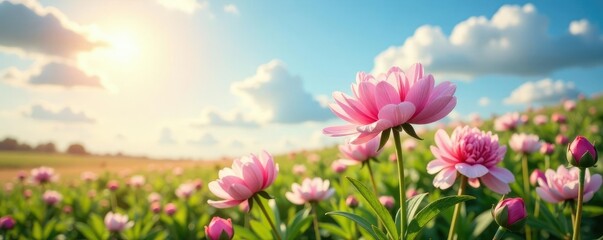 Soft pink peonies bloom in a lush meadow under a radiant sunny sky with gentle clouds, blooms, peonies