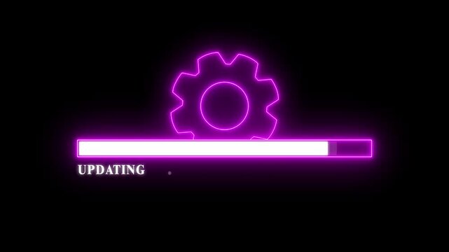 updating bar animation on black background. setting and update icon animate. Animation of glowing neon loading bar isolated with gears on black background.