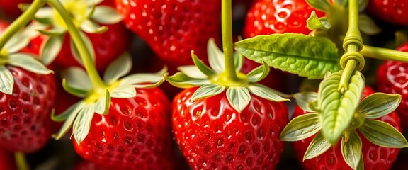 Close-up of ripe, red strawberries with green leaves, strawberry, juicy