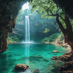 Serene Waterfall Cascading Into Emerald Pool Surrounded by Lush Greenery in a Cave Setting