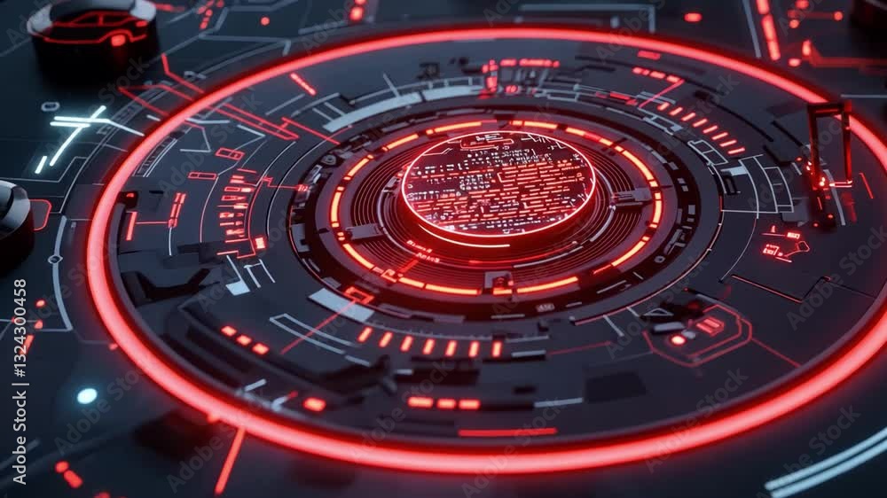 Poster futuristic technology circuits with red neon glow, abstract digital background of high-tech design, 