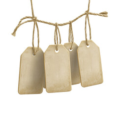 Colorful bunch of tags hanging on a rope displaying a variety of textures and designs for organizational purposes isolated on a white background.
