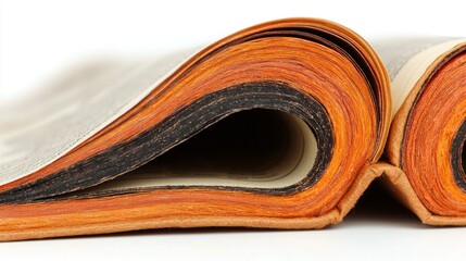 Layered pages curve, showcasing orange, black, and white hues in a stack of paper
