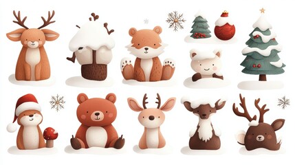 Charming watercolor pattern featuring a group of adorable christmas animals surrounded by festive elements in a horizontal design