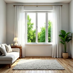 Contemporary living room with large window, white curtains, and houseplant, modern, interior, white curtains