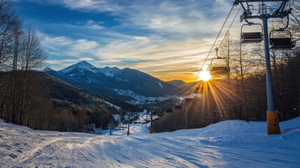 Scenic Sunset Ski Lift Mountain Winter Landscape Snowy Slopes