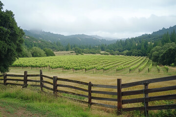 Wooden fence in field, mountain backdrop.