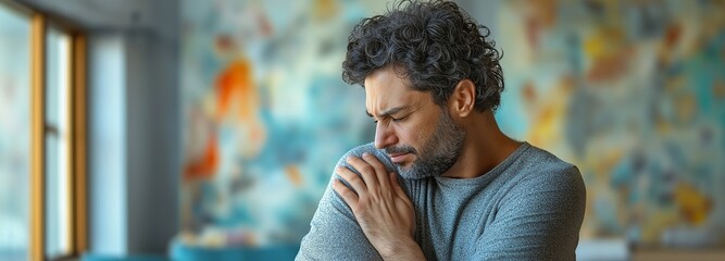 A man gripping his shoulder in agony.