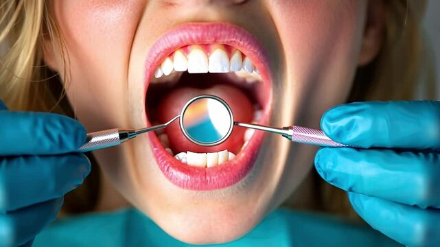 Close-up of a patient in dentist chair with open mouth showing healthy teeth during oral check-up with dental tools and gloves in bright clinic setting