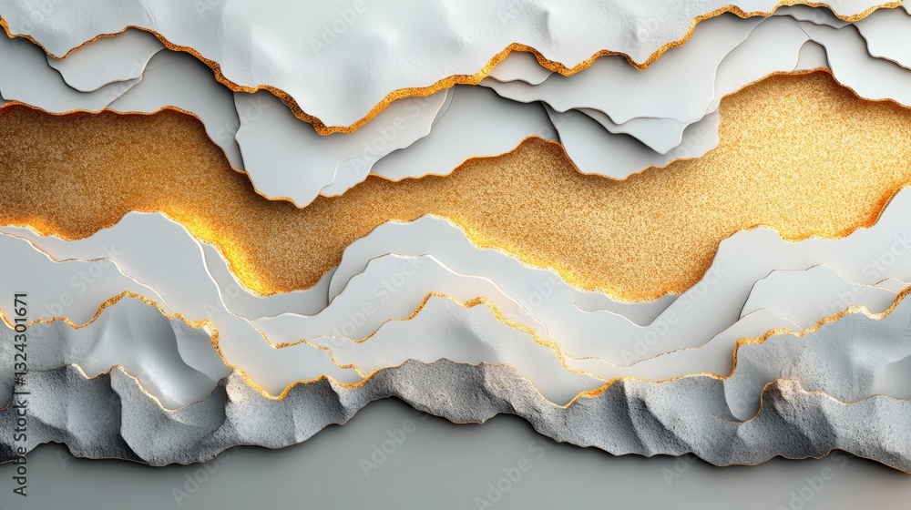 Poster wall featuring a distinctive hole surrounded by elegant white and gold alcohol ink patterns creating