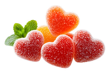 Red Jelly heart shaped candies coated in sugar, isolated on white background