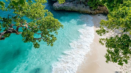 Serene Tropical Beach with Turquoise Water and Green Foliage on Soothing Sandy Shoreline
