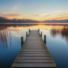 Serene sunrise over calm lake with wooden dock.
