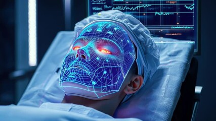 Futuristic medical technology concept featuring a patient with a digital facial overlay in a clinical environment showcasing healthcare and innovation - Powered by Adobe