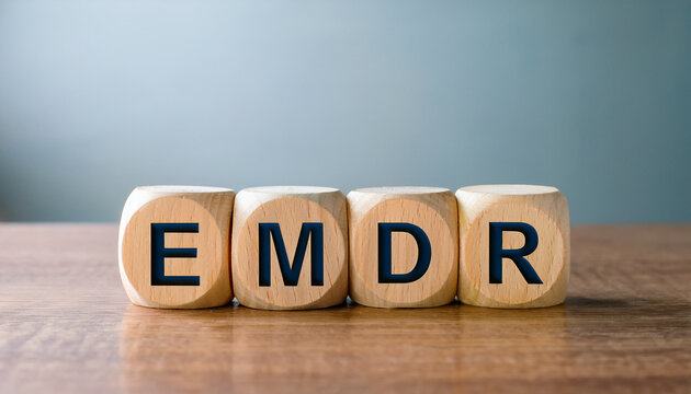Wood cubes with abbreviation EMDR on table. Eye Movement Desensitization and Reprocessing.