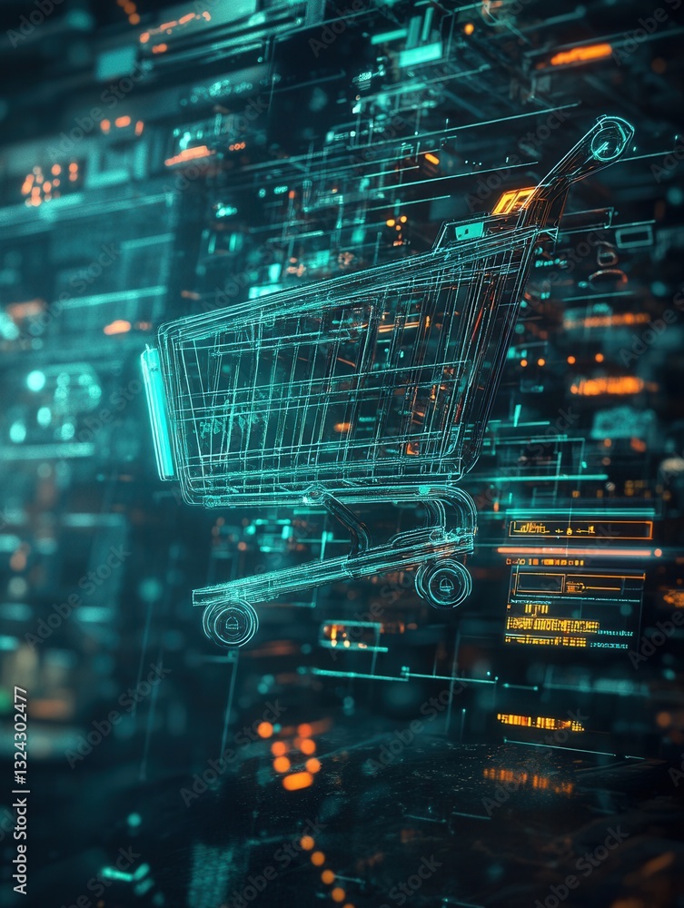 Aufkleber futuristic shopping cart hovers in a digital space with glowing holographic user interface and cyber