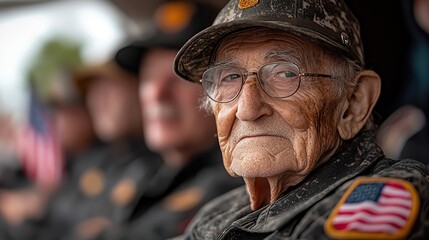 Observing Memorial Day, elderly veterans seated with American flags reflect patriotism and unity.