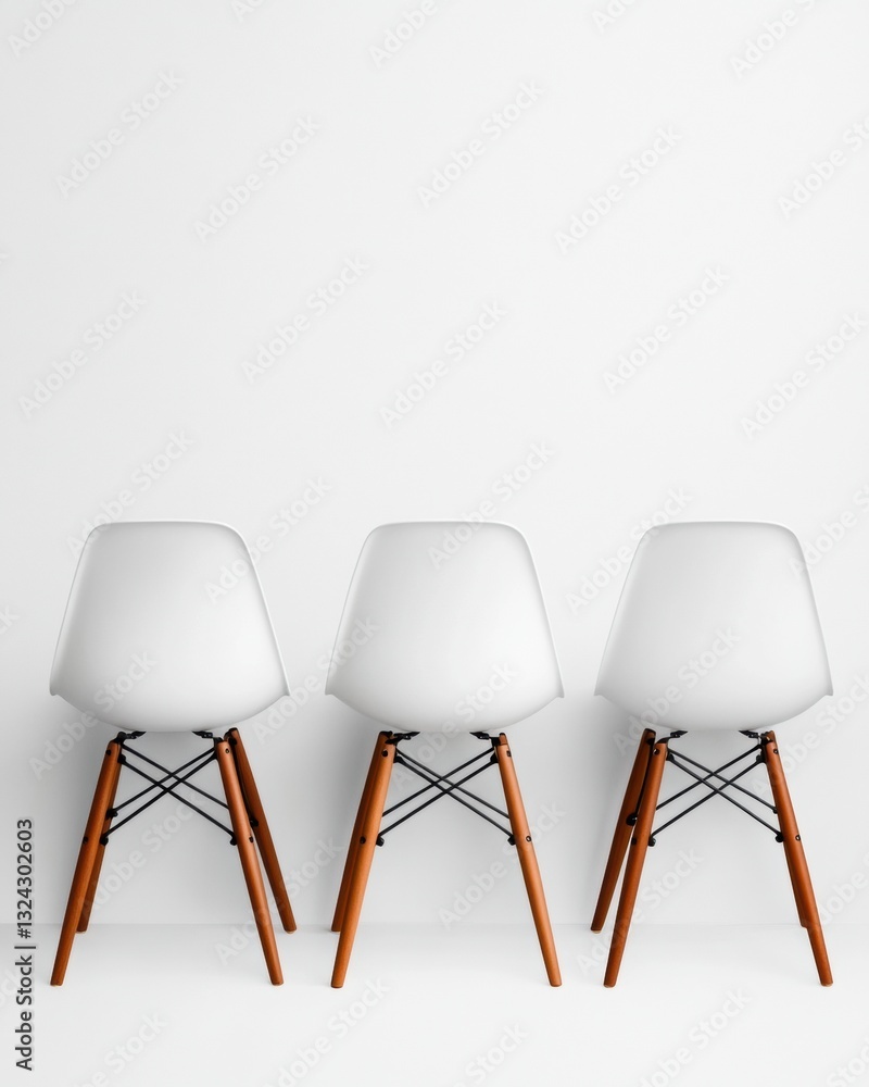 Poster minimalist nordic design three eames-inspired chairs showcasing modern workspace ergonomics and cont