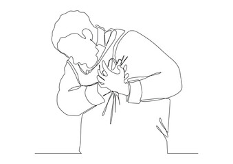 man is holding his heart with both hands, his mouth is wide open. One continuous line drawing concept of heart attack.