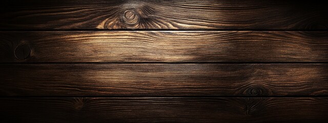 Fototapeta premium Dark brown wooden plank background, top-down flat lay view, featuring rich wood grain texture, ideal for design, backdrop, and rustic aesthetics.