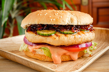 This tasty chicken burger has vibrant toppings, making it a perfect meal choice