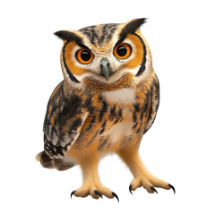 Fototapeta premium An owl with large, expressive eyes perched on a branch surrounded by a lush forest setting in soft natural light isolated on a white background.