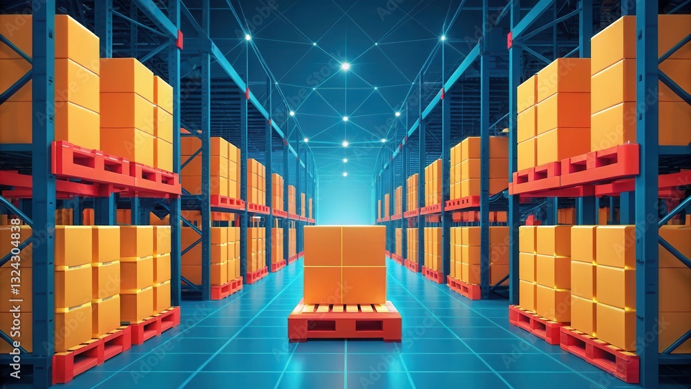 Poster internet of thing (iot) sensor integration concept. a modern warehouse filled with neatly stacked ye