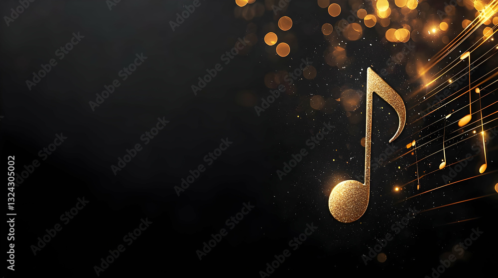 Poster golden musical note glowing on dark background with sparkling glitter effect and abstract design for
