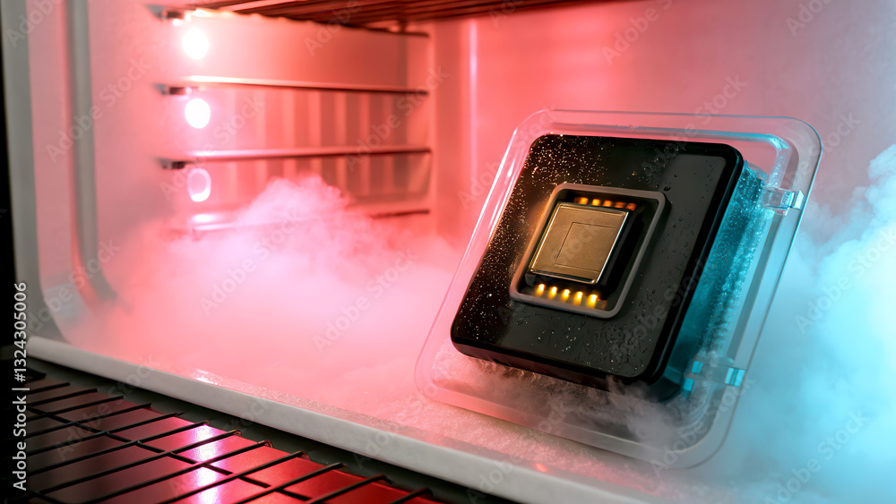 Poster internet of thing (iot) sensor integration concept. a computer chip placed inside a freezer, surroun
