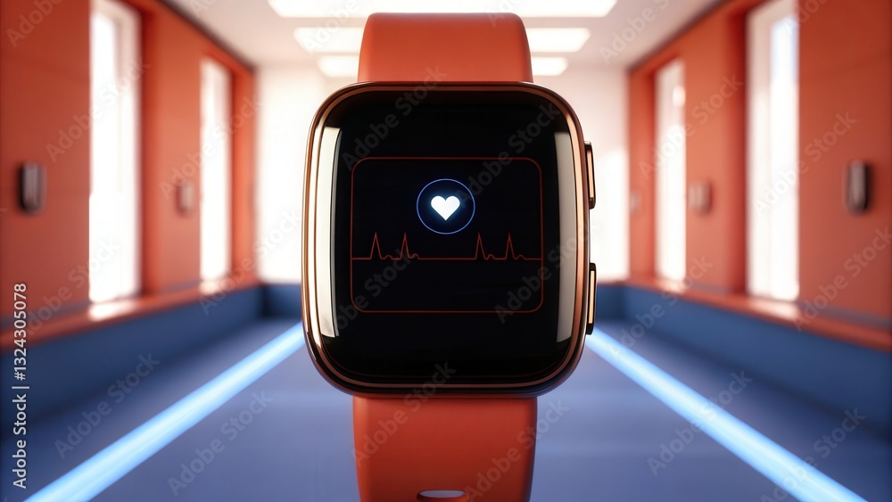 Poster internet of thing (iot) sensor integration concept. smartwatch displaying a heart symbol in a modern