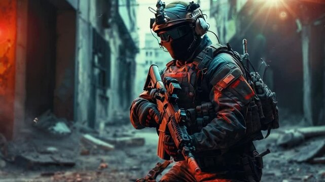 Special Forces Soldier on a Tactical Mission in a War-Torn City, smooth repeating motion for background video animation
