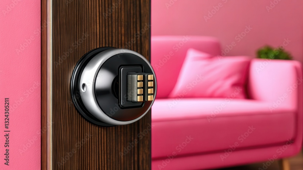 Poster internet of thing (iot) sensor integration concept. modern keypad lock on a stylish door with a pink